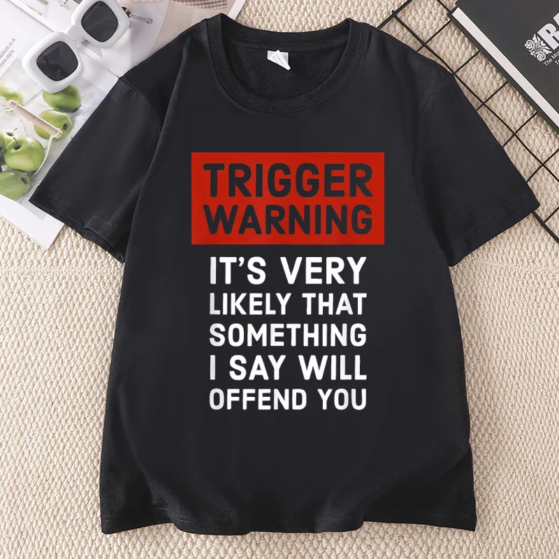 Summer T ShirWomens T Shirt Trigger Warning Humorous Printed T-shirt Round Neck Loose Fit Tshirt Short Sleeve