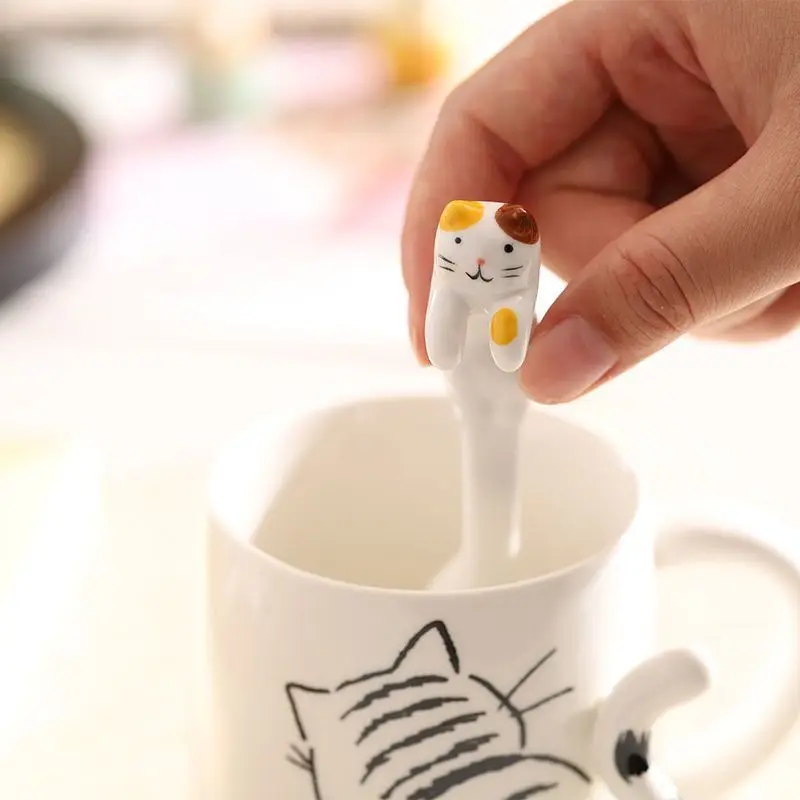 Ins Ceramic Coffee Mug Hanging Ear Mixing Scoop Ice Cream Dessert Scoop Hand-painted Three-dimensional Cat Hanging Scoop