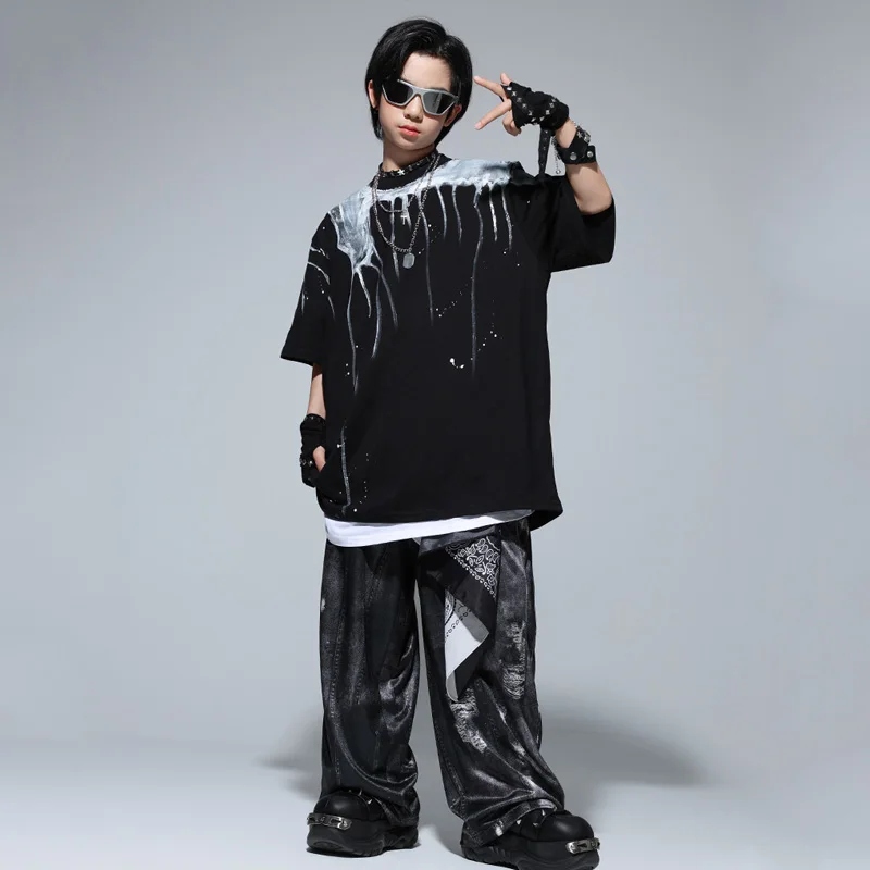 Baggy Schwarz Hip Hop Kleidung Kinder Teenager Street Dance Kleidung Kurzen Ärmeln Tops Hosen Mädchen Jazz Praxis Zeigen Tragen BL15804