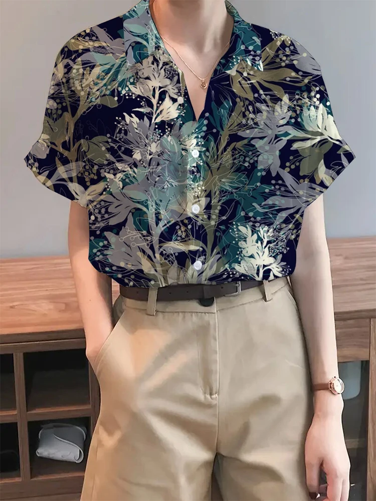 Women's summer shirt lapel buttons loose casual elegant short-sleeved shirt holiday wind breathable comfortable spring and summe