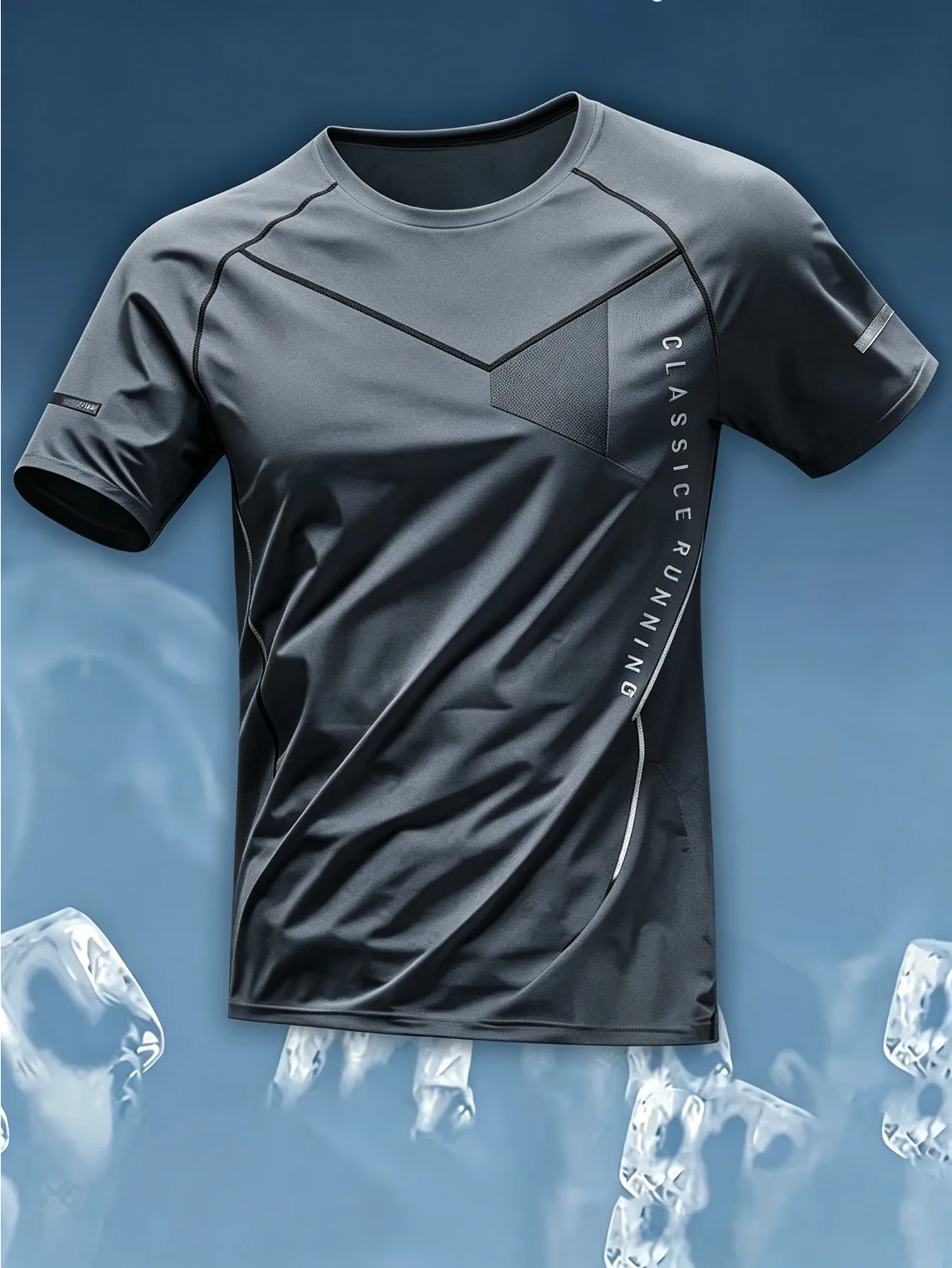 Men Sports Tee High Elastic Quick Dry Breathable Light Blue Geometric Letter Print Running Fitness Training Top