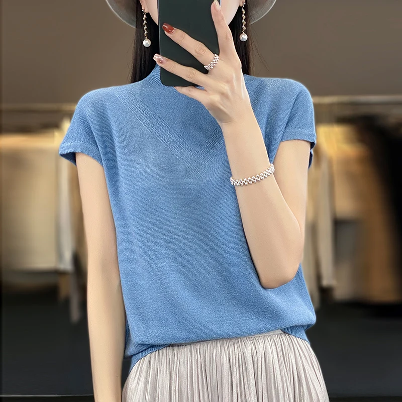 Women's T-shirt summer wool high-end luxury sweater short sleeved casual semi high neck top slim fit fashionable pullover