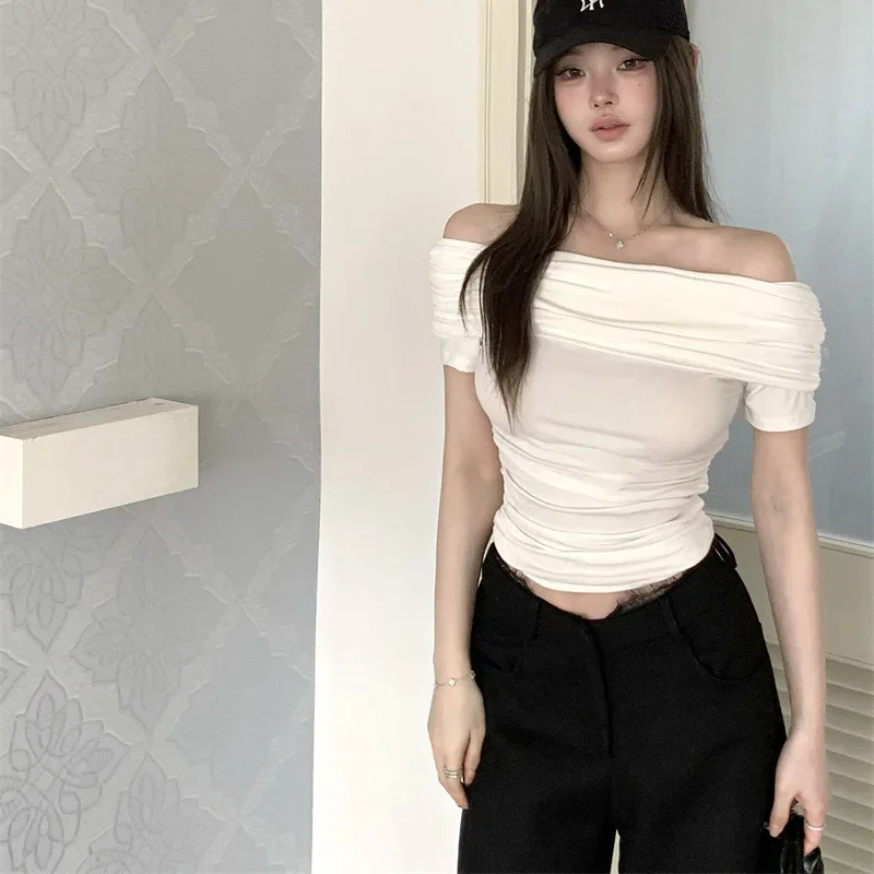 White Off-Shoulder Sexy Short Sleeve T-Shirt Women's Pure Desire Wrinkled Cropped T Shirt Korean Style Fashion Polyester Fabric