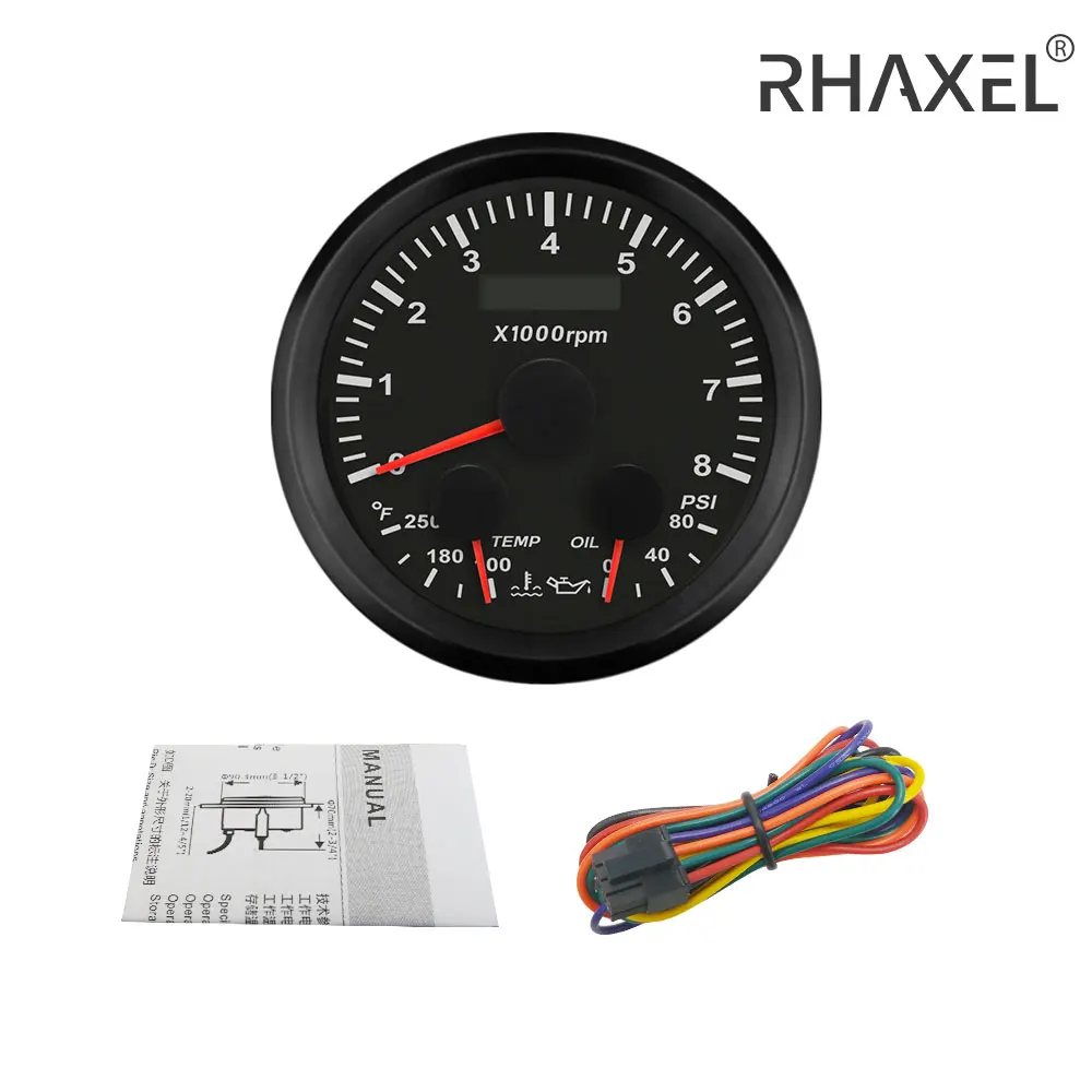 RHAXEL 85mm Tachometer 8000RPM Water Temp Oil Pressure Gauge 12V for Car ATV Boat Truck with Red Backlight