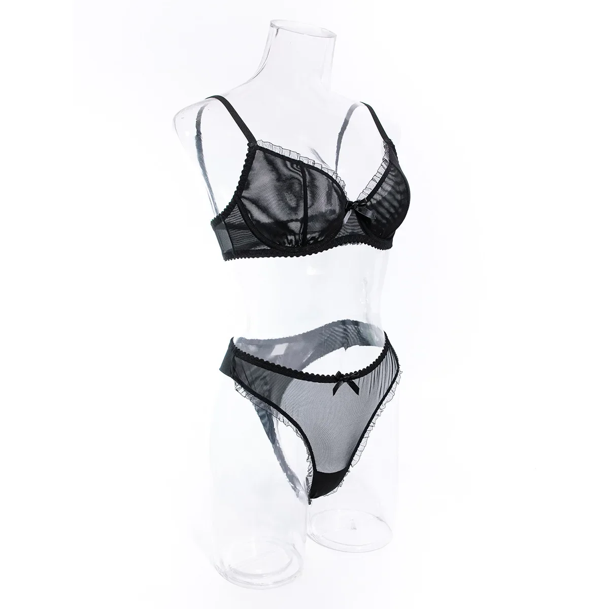 

Sexy Mesh See-through Lingerie Two Piece Sets Woman Ruffles Bow Bra And Briefs Set Exotic Intimates Outfits Kit