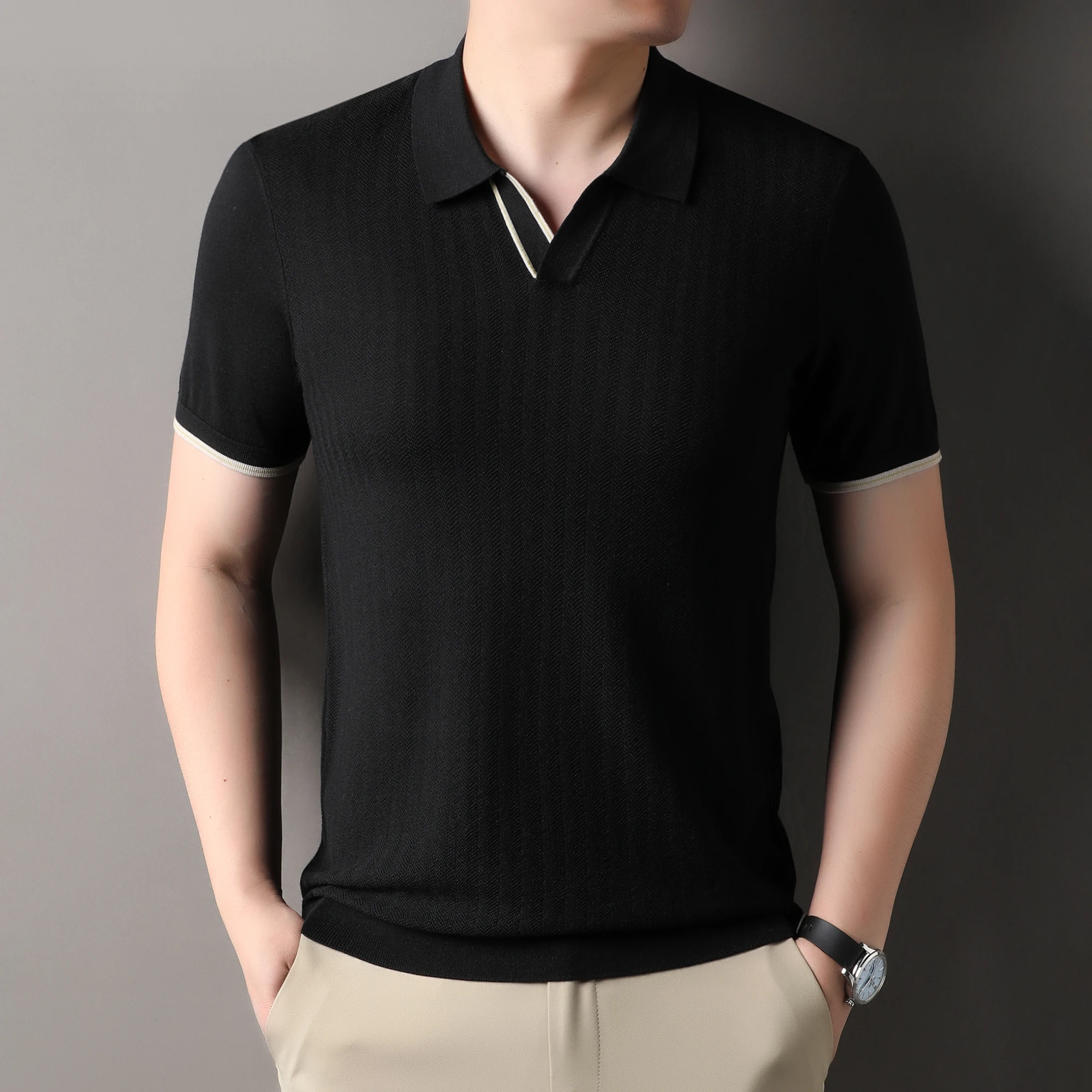 New Trendy Lyocell Men Tops 2025 Summer Breathable Mulberry Silk Knit Polos Fashion Turn Down Collar Silk Collor Knitwear Shirts
