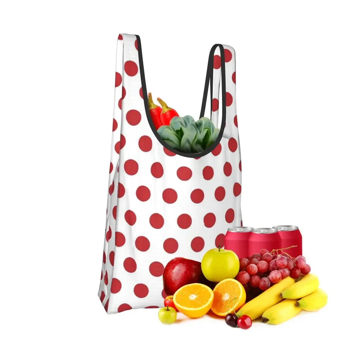 Red Polka Dot On White Shopping Bag Portable Tote Bags Foldable Shoulder Shopper Bag Grocery Handbag