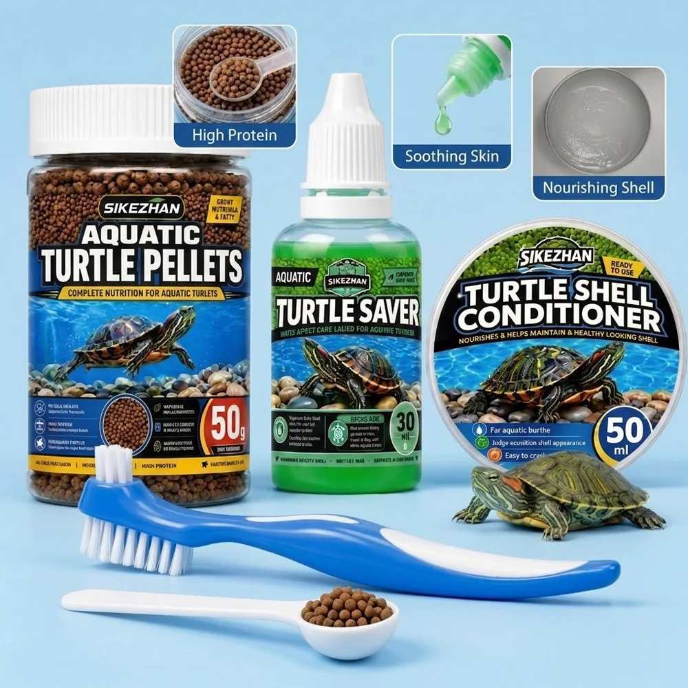SERLAVEXA Complete Turtle Feeding and Shell Care Kit with 50g Food 30ml Water Care Liquid 50ml Conditioner and Double Head Brush