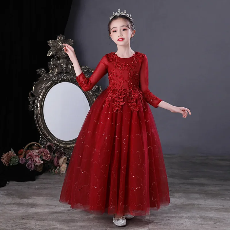 Fashion Flower Girl Dresses for Weddings Lace Long Sleeve Kids Dresses for Girls Summer Girls Party Dresses 3-13 Years