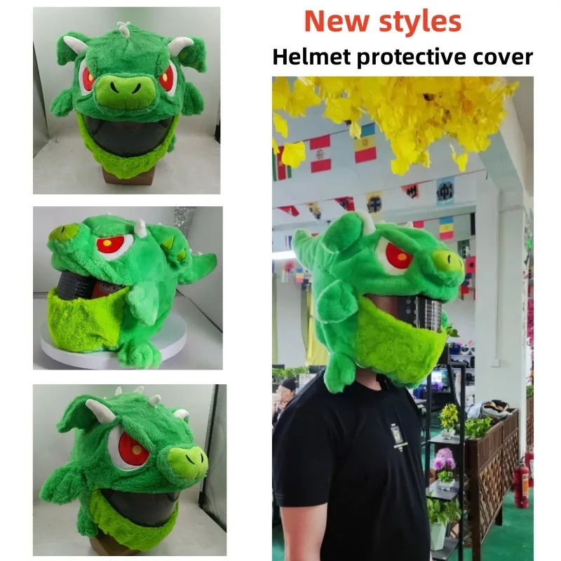 Motorcycle Helmet Protective Headgear New Green Dragon Cartoon Plush Fluffy Windproof Noise New Style Fashion Helmet Cover