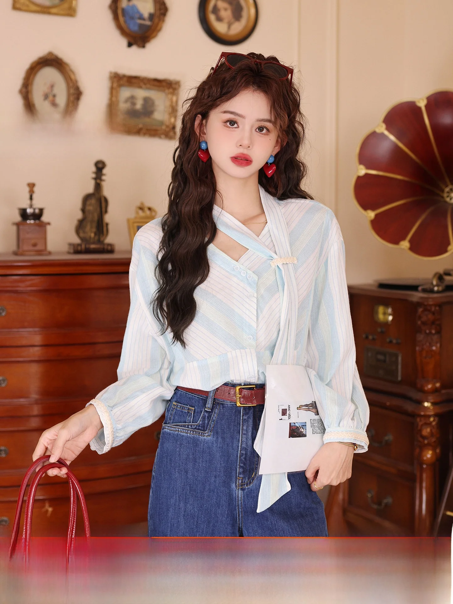 

Chend Vintage Striped Long Sve irt Women's Versatile 2025 Sle Breathable Cotton Polyester Blend V-ne Girl's irt