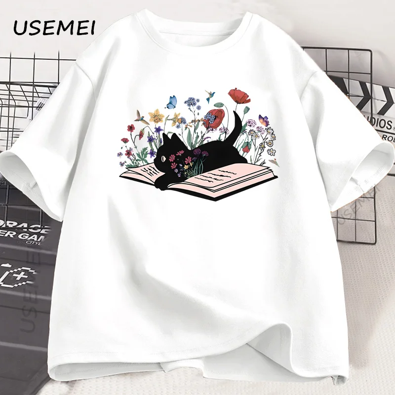 

Футболка с милым цветочным котом, книжная футболка, футболки для любителей книг, футболки для библиотеки, хлопковая футболка Y2k, летняя свободная футболка с короткими рукавами, женские топы