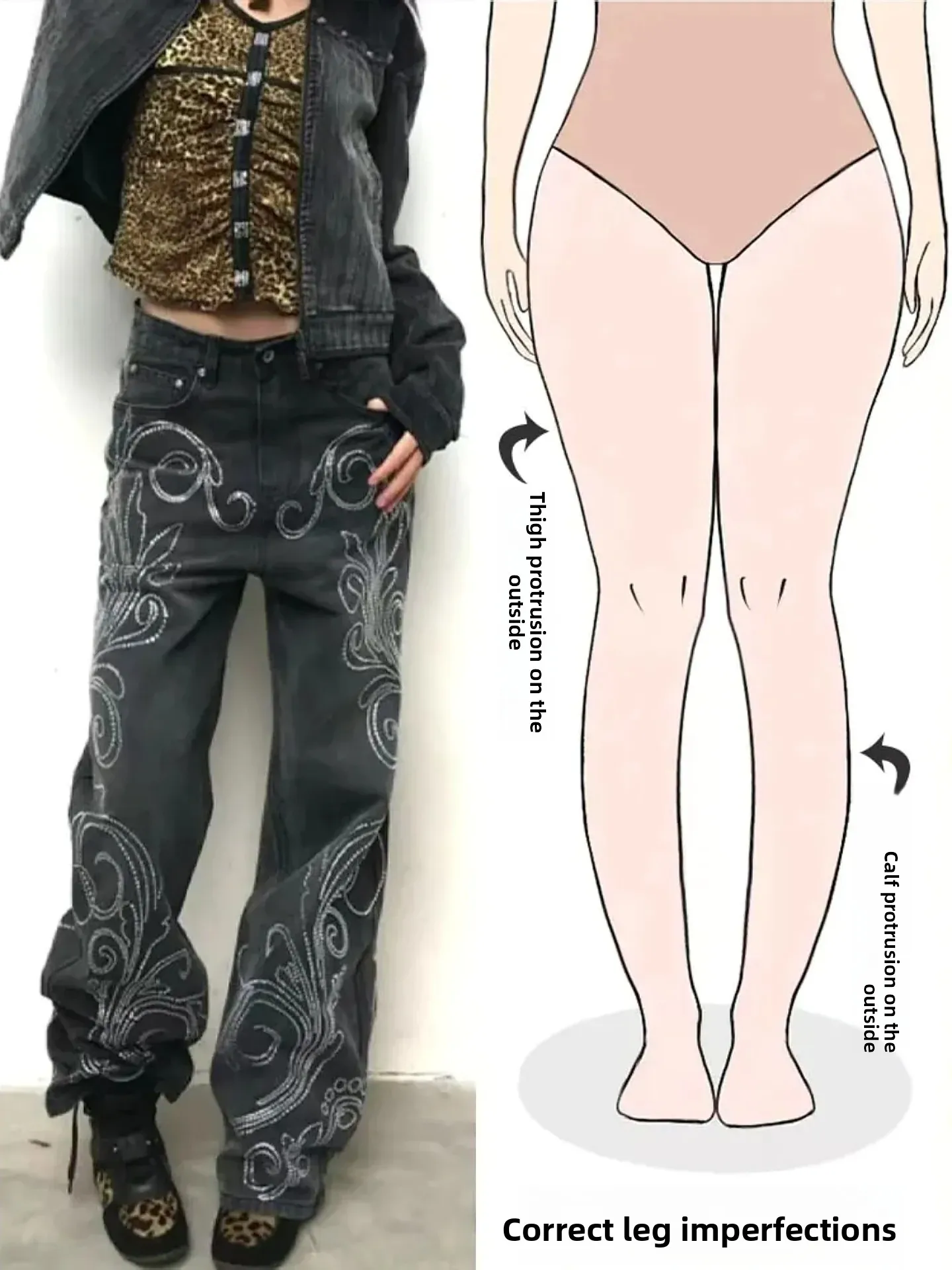 

Retro American Floral Pattern Rhinestone Denim Pants Women's Loose Wide Leg Jeans Autumn Winter New Street Style Slimming