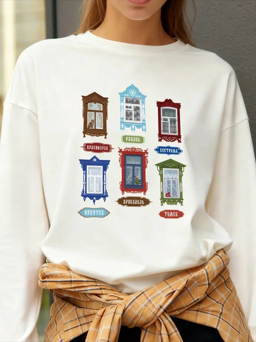 Women Casual Long Sleeve T Shirt 100% Cotton Cute Vintage House Window Art Front Graphic Print Basic Daily Commute Wear Top