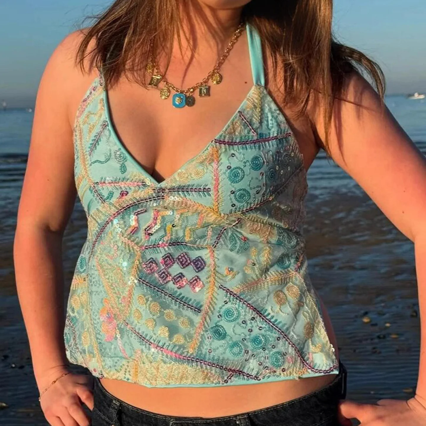 Beach Vacation Style Retro Bright Sequin Geometric Color Block Neck Hanging Strap Mesh Backless Tie Dye Vest Fashionable Ladi...
