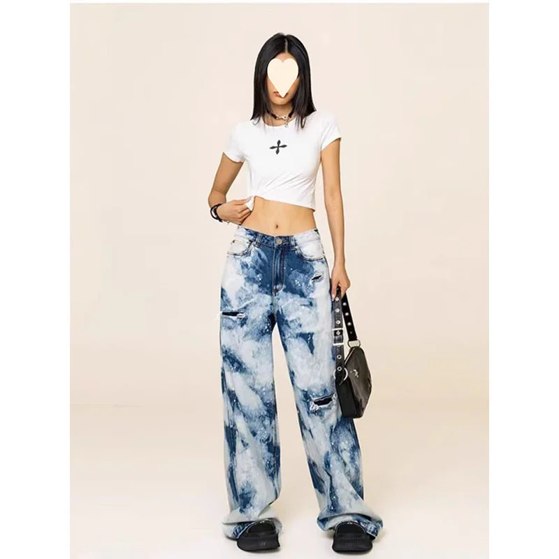 

EuropeanAmerican Camouflage Design Sense Gradual Wide-Leg Jeans Spilled With Ink And Holes Straight Wide-leg Casual Jeans Female