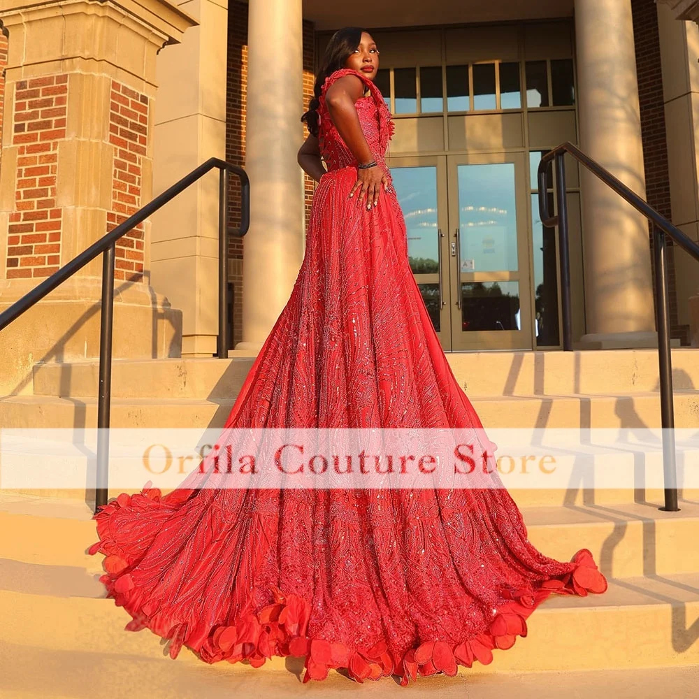 Glitter Red Prom Dresses With Train 2026 Black Girls Beading Wedding Party Crystals Sequins Evening Party Gowns Customized