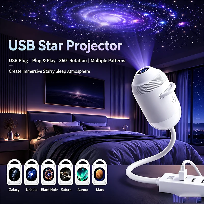 2-in-1 Mini Galaxy Star Projector USB Plug-in Dynamic 360° Surrounding Nebula Nightlight Camping  Atmosphere Decorative Lamp