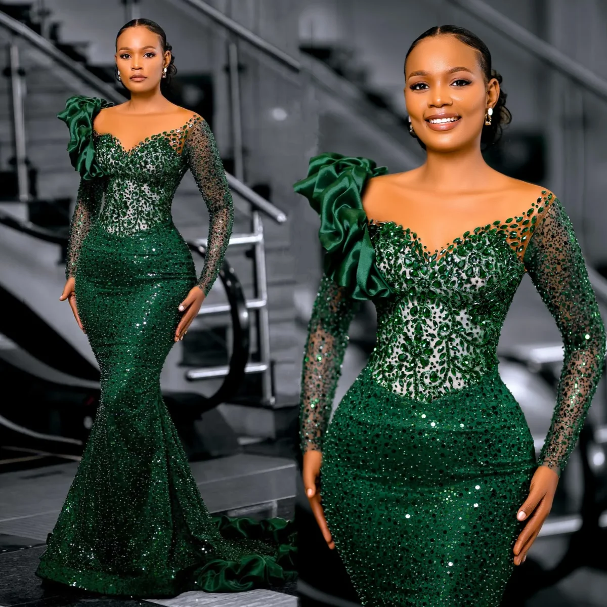 Elegantes grünes Glitzer-Meerjungfrau-Abendkleid, Spitze, lange Ärmel, glänzende Perlen, Geburtstags-Ballkleid, individuelle Gestaltung