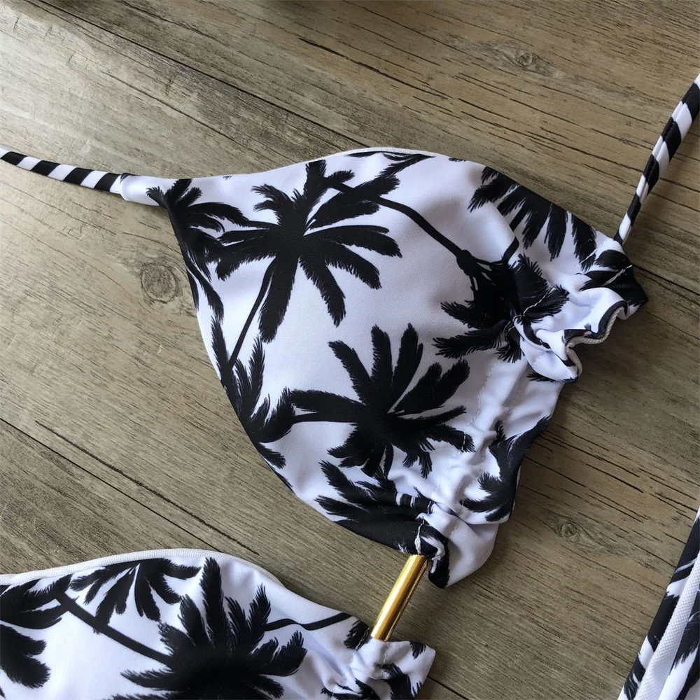 Leaves Print Bikini Tassels Strappy Swimsuit Backless Halter Swimwear Two Piece Trend Women Beach Bathing Suit Bikinis Thong Set