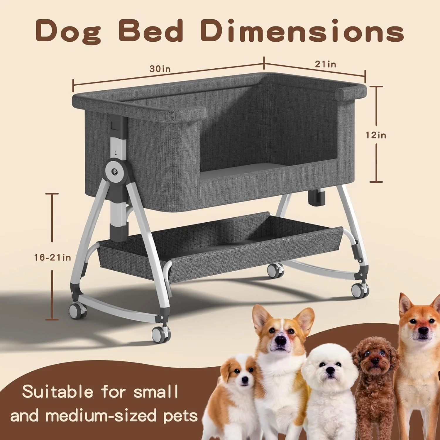 USMILEPET Bedside Dog Bed, Cosleeper Adjustable Height, Pet Bed Extension for Human Bed, Bedside Dogs Bed for Small, Medium Dogs