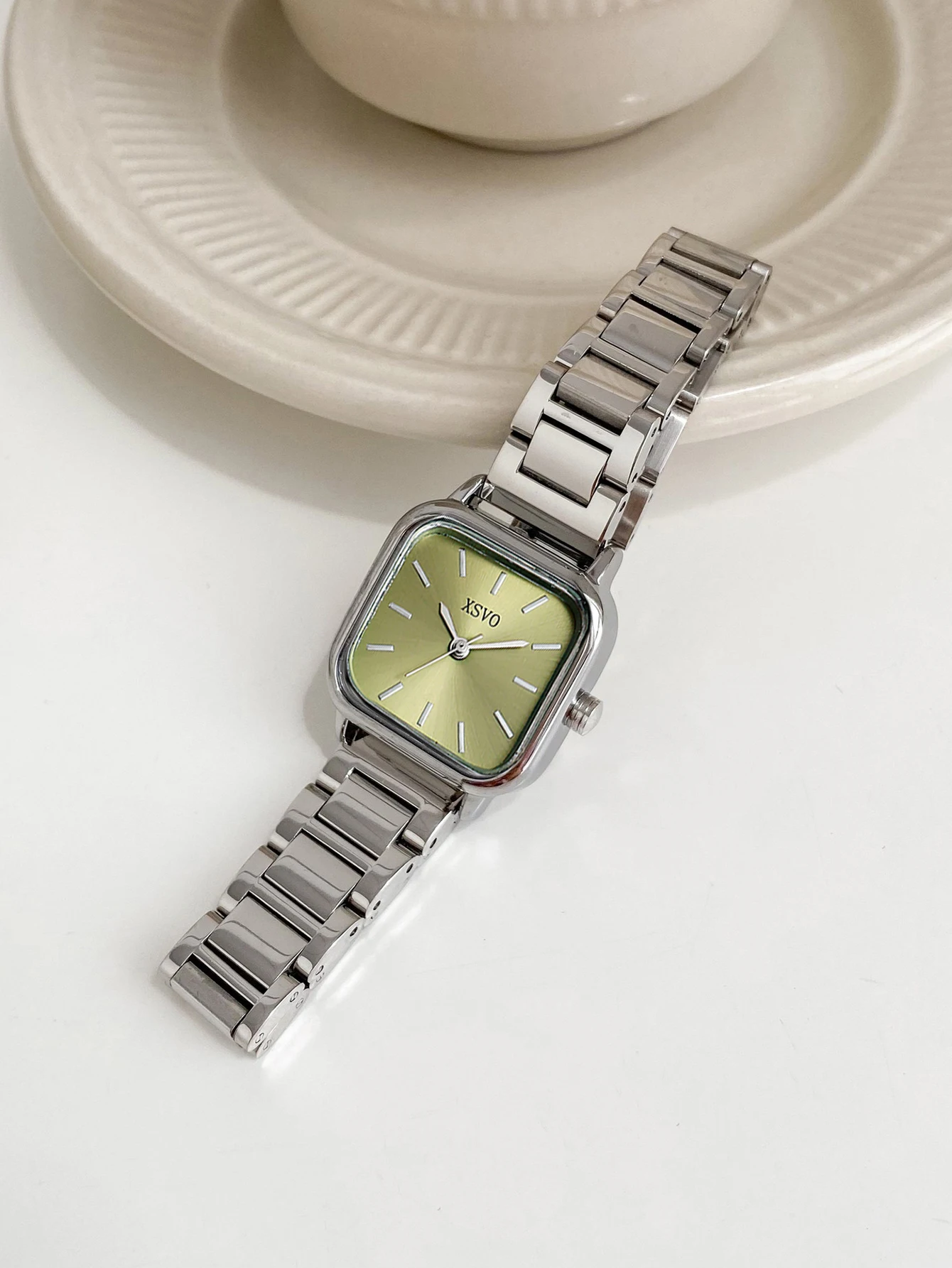

Elegant Square Women's Wristwatch, Luxury Silver Stainless Steel Band, Green Sunray Dial, Minimalist Casual Dress Watch for Ladi