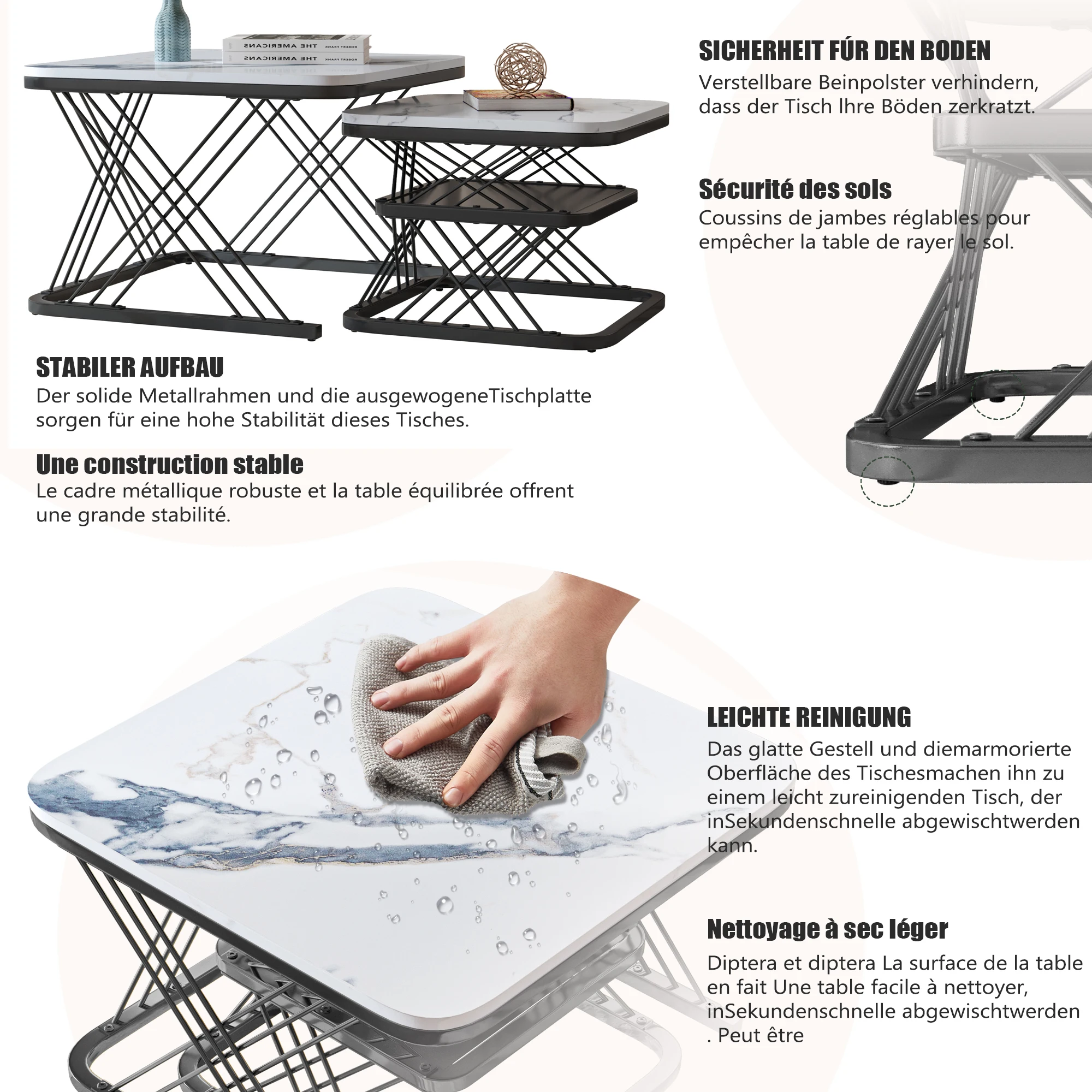 Zestaw 2 nowoczesnych stolików bocznych, PVC o wyglądzie marmuru, matowych czarnych rurek stalowych, 2 stoliki pomiarowe 65x65x45 cm i 45x45x38 cm.