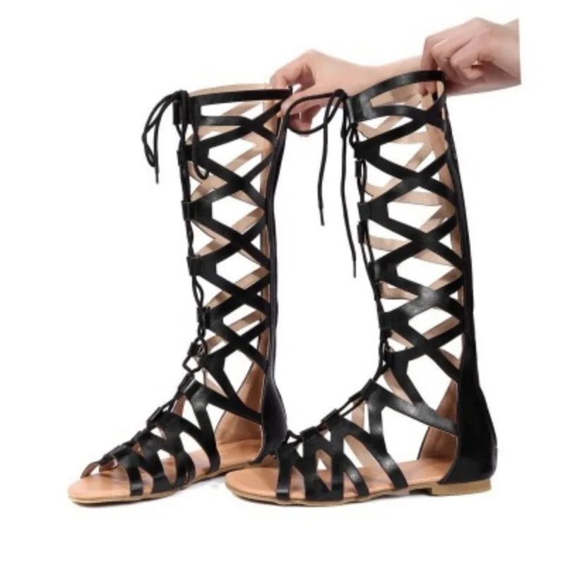 Women Cool Boots Casual Cross Strap Roman Sandals Plus Size Solid Knee Length Boots Hollow Out Flat Sandals Босоножки Женские