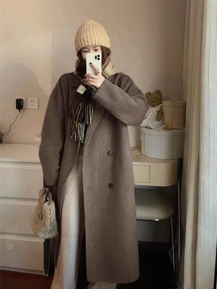 Woman's Oatmeal Wool Coat Autumn Winter Petite Size Korean Fashion Mid Length Warm Thick Faux Fur Lined Overcoat