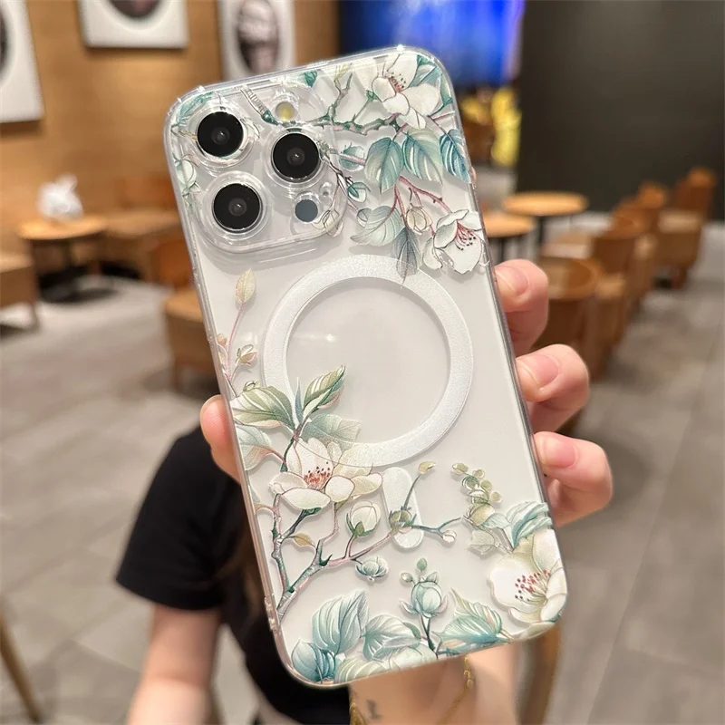 Transparent With Magsafe Magnetic Flower Branch Case For iPhone 17 16 13 12 14 15 11 Pro Max Plus Wireless Charge Cover Funda
