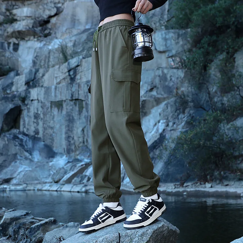 

Брюки прямые карго мужская одежда однотонные эластичные карманы с высокой талией весна осень повседневные укороченные брюки High Street