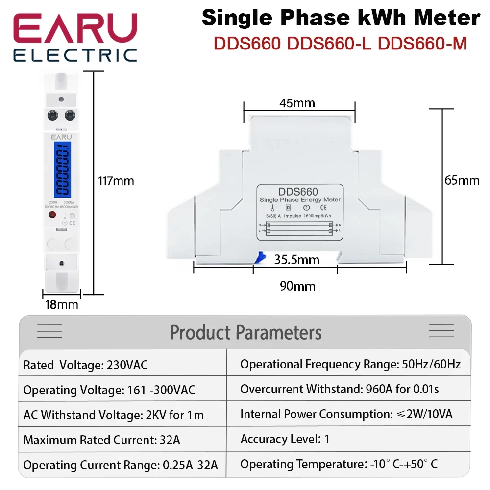 Imagem -02 - Digital Power Consumption Wattmeter Analógico Energy Meter Lcd Electric Din Rail Monofásico 1p Backlight Kwh ac 230v 50hz 18 mm