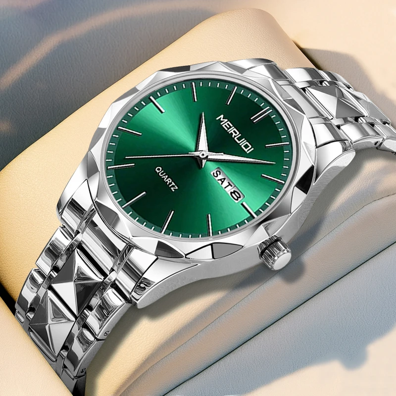 A men's silver green minimalist style novel dual display date scale quartz watch