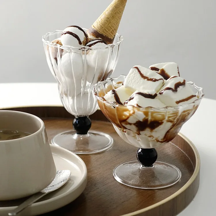 Vintage Black Bead Stemmed Glass Cup Glass Dessert Iced Coffee Goblet Drinkware for Espresso Cocktail Dessert Ice Cream Cup Gift