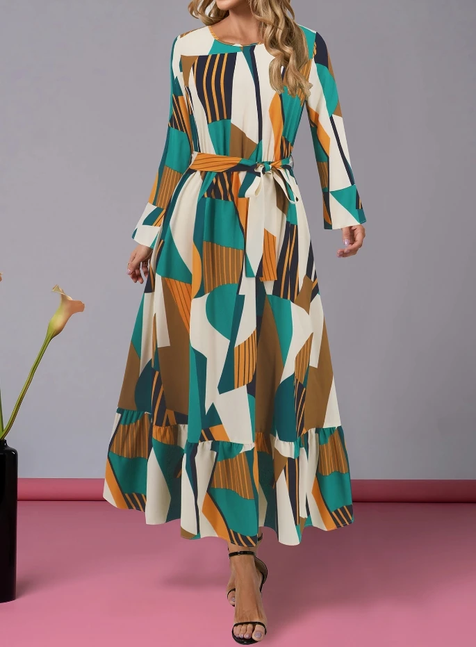 

Long Sleeved Geometric Contrasting Printed Pattern Round Neck Dress with Fashionable Temperament and Waist Belt Long Skirt