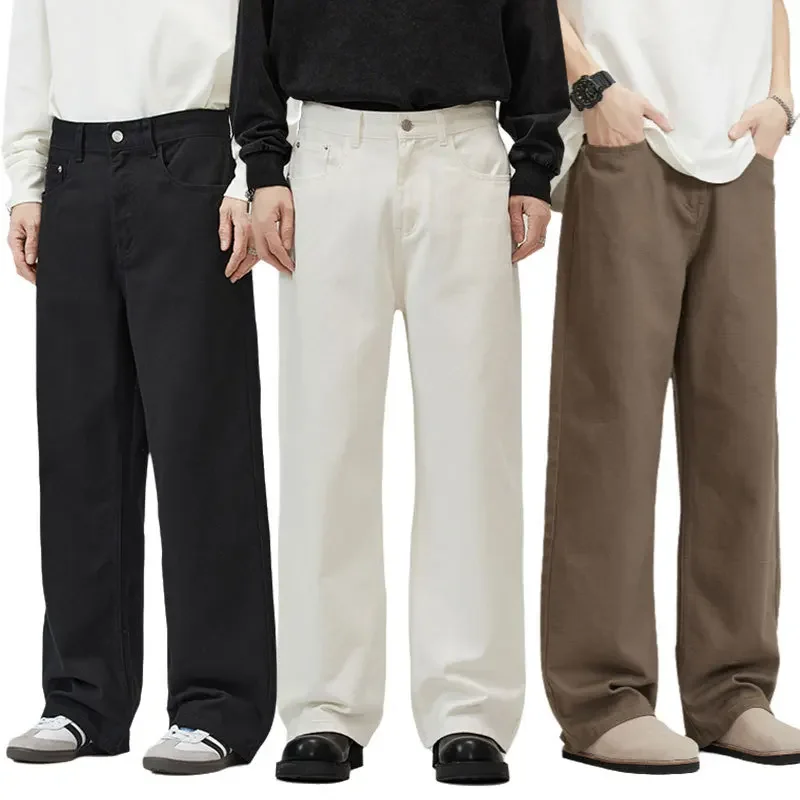 Men's Solid Color Simple Basic Daily Casual Trendy Wide Leg Straight Denim Trousers 2026 New Fashion Male Jeans Pants Clothes