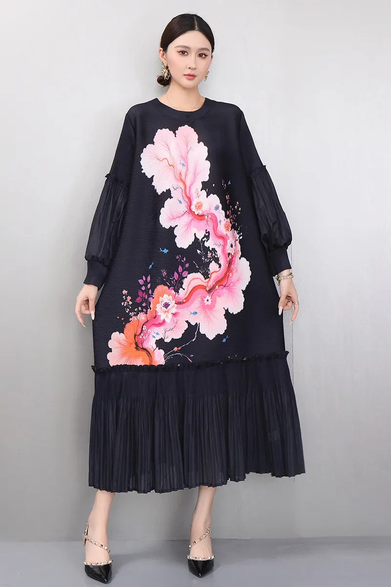 

Весеннее элегантное свободное платье с принтом и стразами, плиссированное, с круглым вырезом, длинное, женское, повседневное, с рукавами-фонариками, оптом J2159