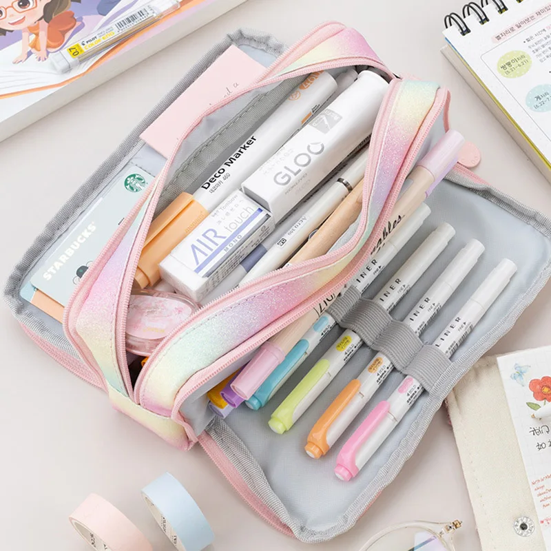 Double Sash Window Rainbow Pencil Case, Multifuncional Student Pen Bag, Prêmio Junior Papelaria, Grande Capacidade