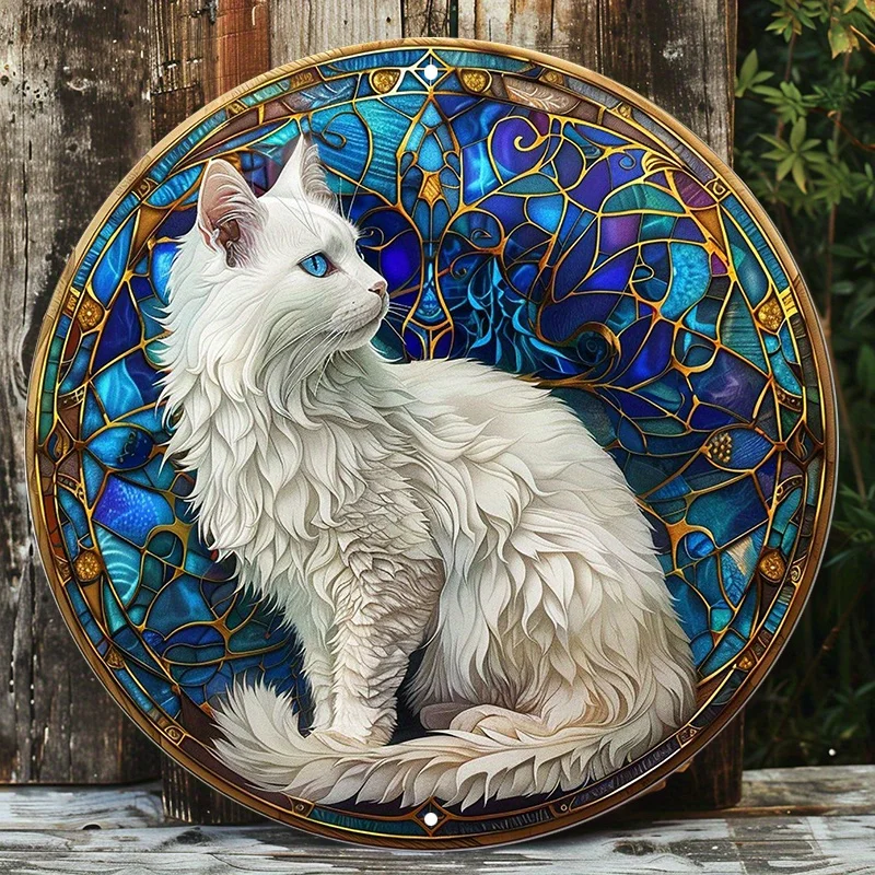 White Cat Stained Glass Aluminum Metal Sign, Round Waterproof Wall Decor, Weather Resistant Door Hanger, Art for Home Decoration