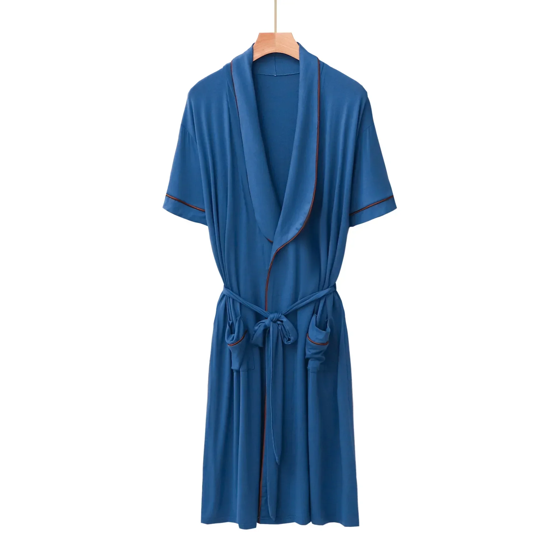 Men's Plus Size Home Clothes Short-sleeved Cardigan Mid-length Men Kimono Bathrobe with Waist Lace-up Pajamas Bathrobe Male