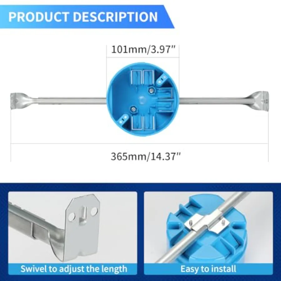 XIUTE 1 Gang PVC Round Ceiling Bar Hanger Electrical Box, 4 Inch Diameter, 20 cu. in, Round Electrical Outlet Box, Blue, ETL Ap