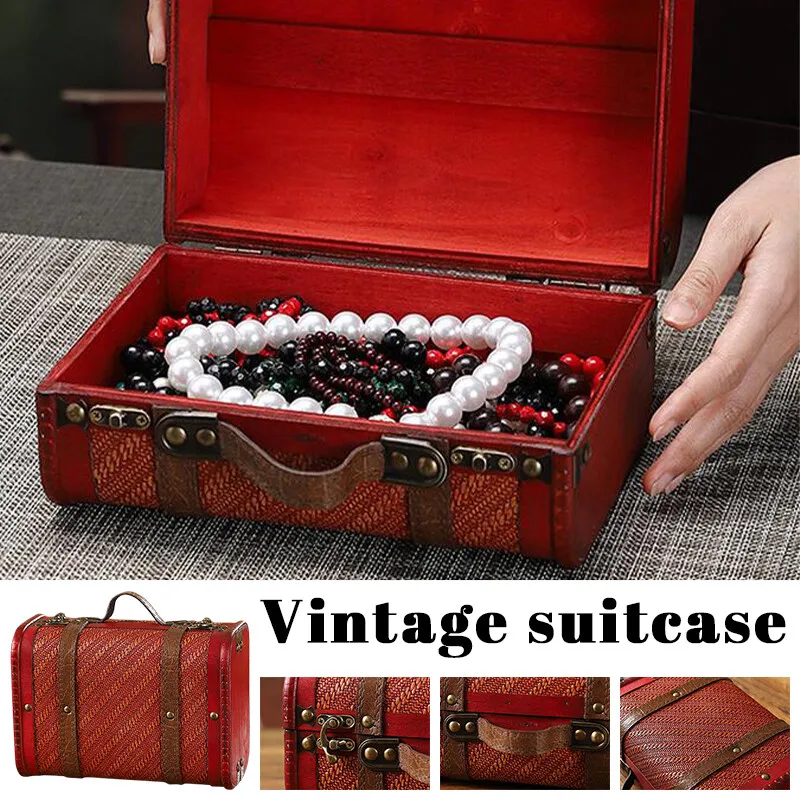 

Vintage Wooden Box Portable Travel Suitcase Storage Box Window Display Box Decor Treasure Chest Storage Case for Home