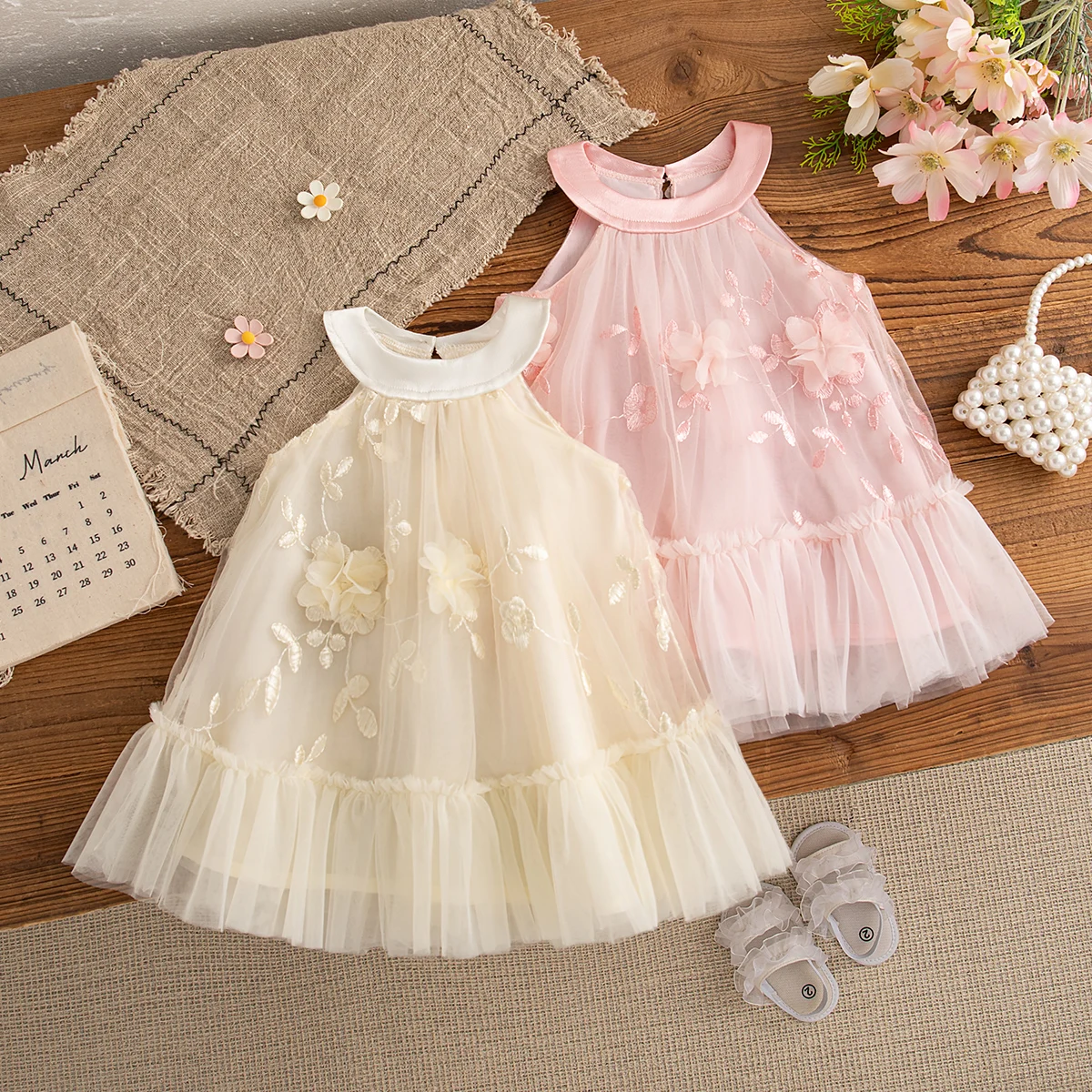 Baby Mädchen Kleid Sommer Blume Mesh Ärmelloses Mädchen Kleid Nette Hängenden Hals Mädchen Hochzeit Blumen Mädchen Kleid Baby Kleidung Mädchen ﻿