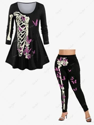 Plus Size Ladies High Stretch Halloween Skeleton Butterfly Printed T-shirt Or Leggings Daily Vacation Casual Matching Set