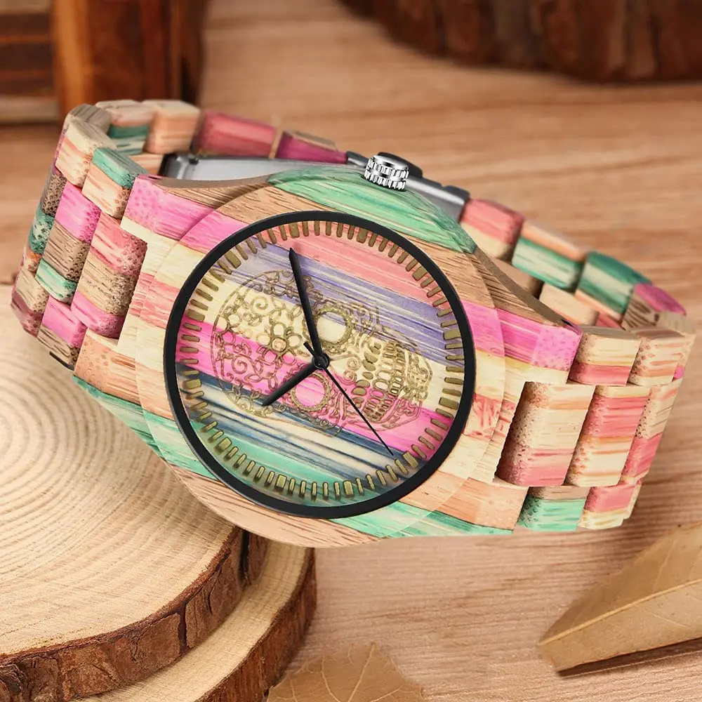 Orologio al quarzo in legno da uomo e da donna con motivo teschio colorato, accessori per la moda di strada, orologio in legno