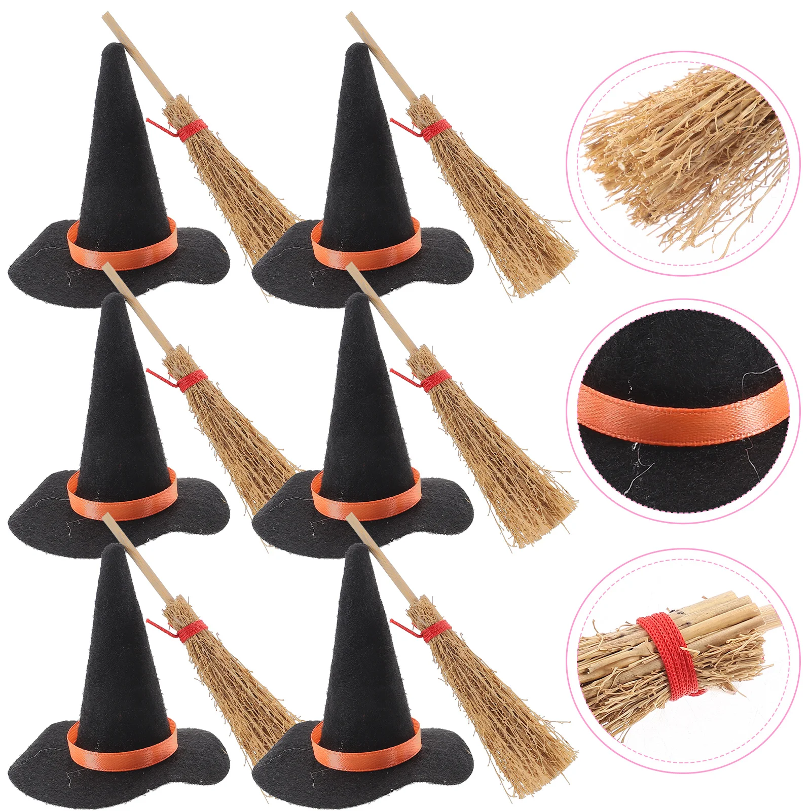 12-delige mini-heksenhoed voor huis Halloween buitendecoraties Set hoeden en bezem kleine taart vilten doek miniatuur dames