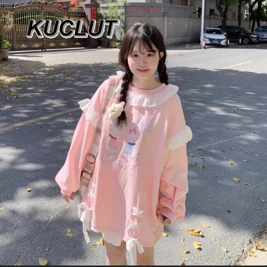 

Sweet Lace Printed Straps Women's Casual Sweatshirt Spring and Autumn Ladies Tops Loose Printed Long Sleeve Pullover Femme