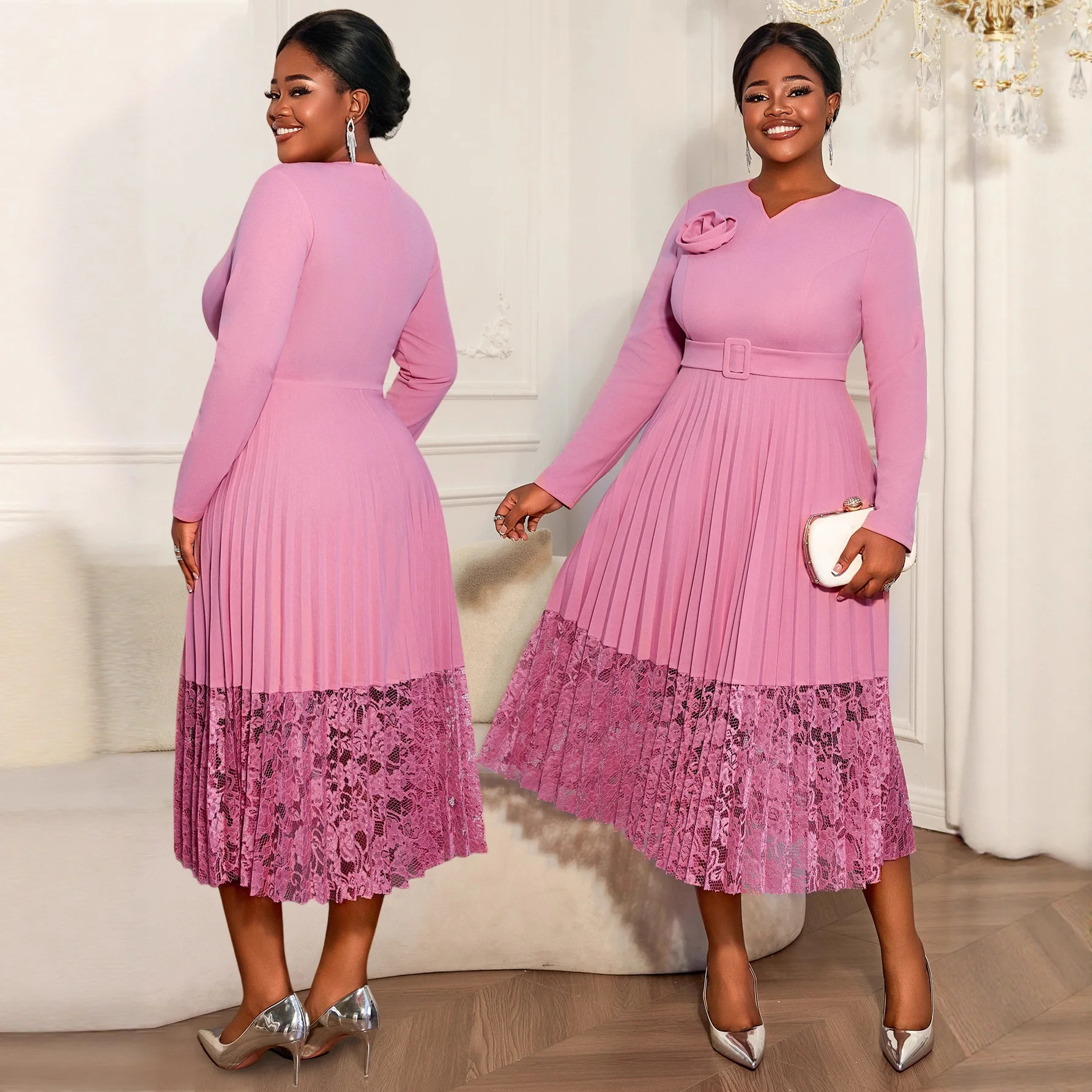 

Женское платье больших размеров, светло-фиолетовое, с V-образным вырезом, длинными рукавами, плиссированное, кружевное, элегантное, для вечеринок, летнее, повседневное, в стиле Y2K