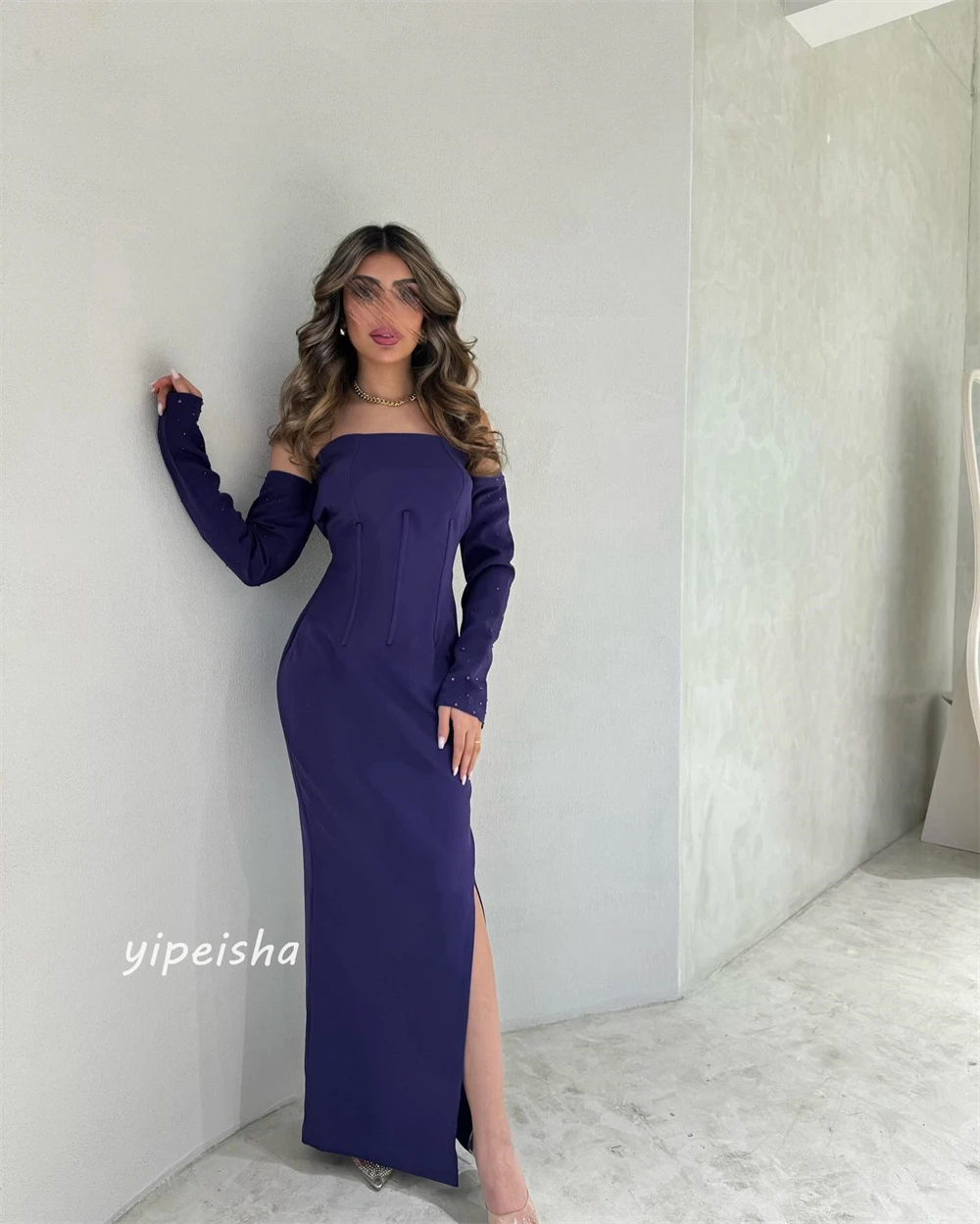 Jersey Draped Pleat Beading Graduation A-line Off-the-shoulder Bespoke Occasion Gown Midi Dresses