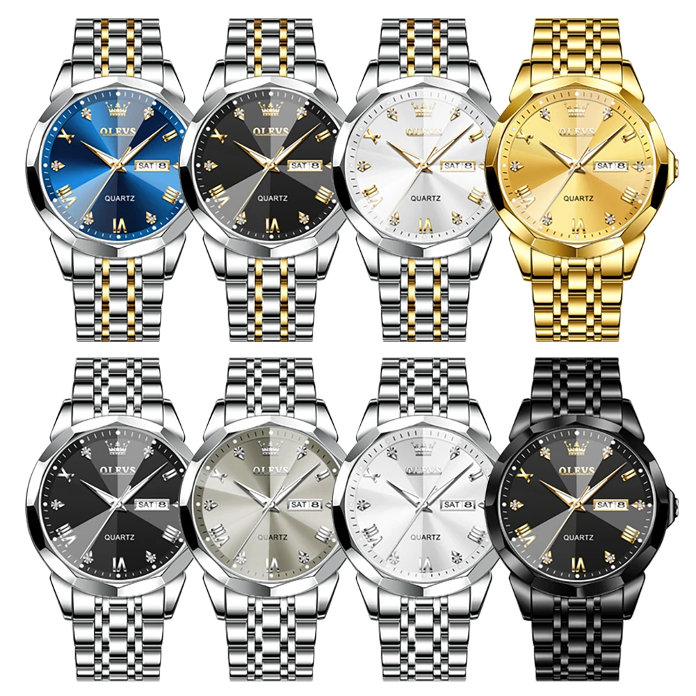 ساعة يد OLEVS للرجال مرآة أصلية أصلية للرجال ساعة يد من الفولاذ المقاوم للصدأ مضيئة مقاومة للماء ساعة يد رجالية بتاريخ الأسبوع